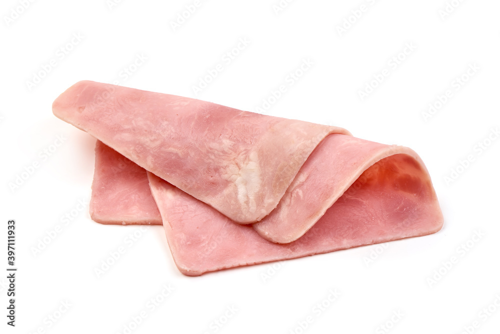 Thinly Sliced Ham, close-up, isolated on white background Thinly Sliced Ham, close-up, isolated on white background