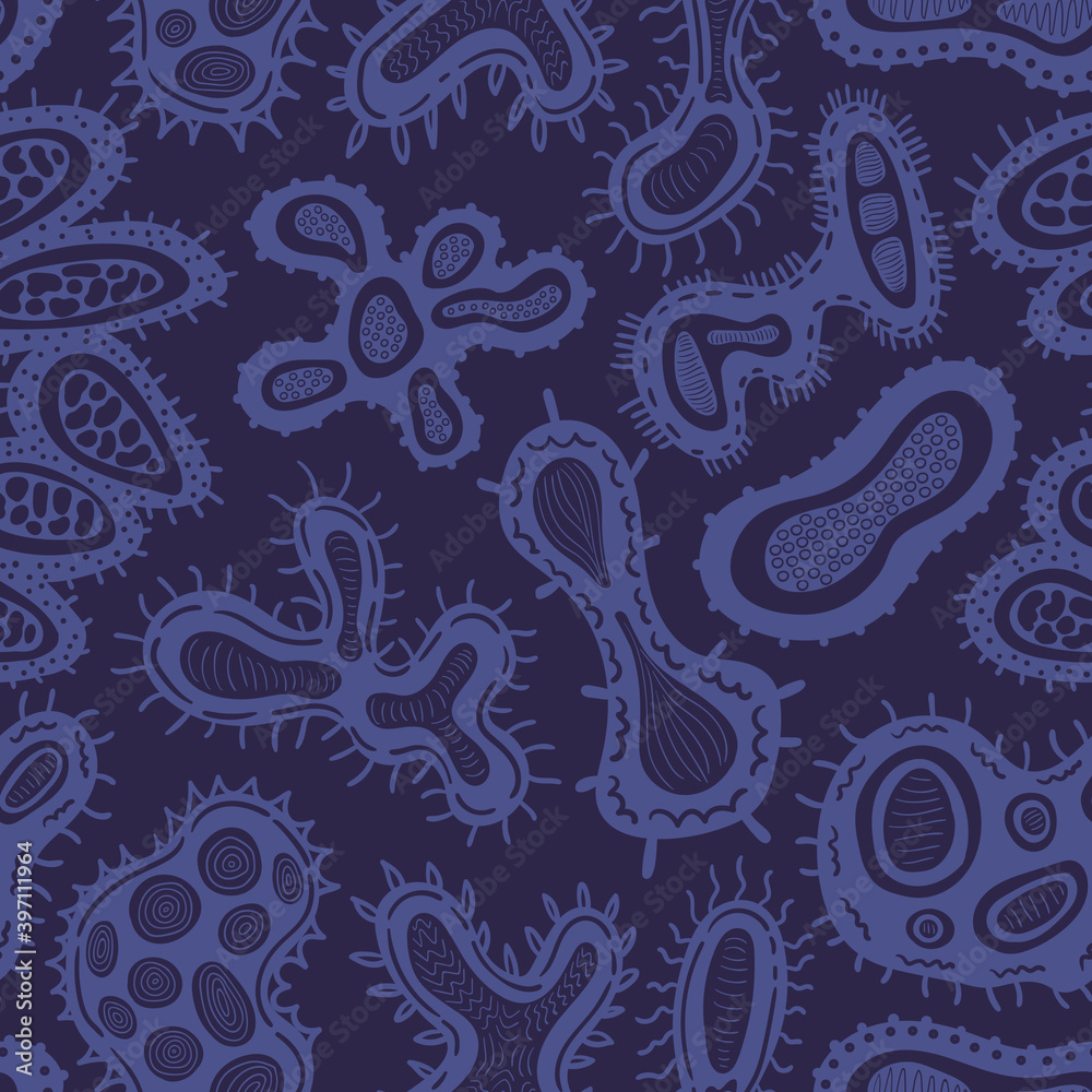 Obraz premium vector variety bacteria seamless pattern on dark blue