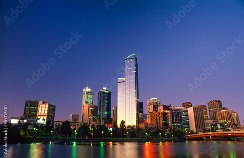 The Rialto building at dusk, Melbourne, Victoria, Australia, with the Yarra river in foreground