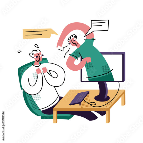 Vector flat illustration with concept of bullying, aggression, anger in comments, social networks, online. It shows crying man and abstract man who threatens, insults from computer.