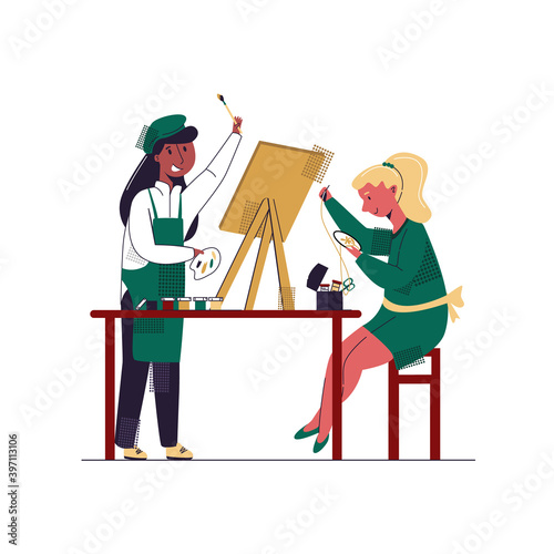Vector flat illustration group of children, girls who are engaged in creative work, draw, embroider. Concept children s Amateur activities, teaching children creativity and development.
