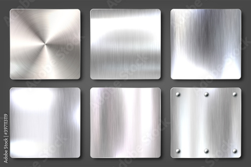 Realistic brushed metal textures set. Polished stainless steel background. Vector illustration.