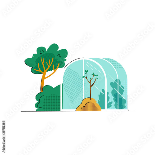 Vector flat illustration with image of greenhouse, tree planted in ground. Concept gardening, farming, natural, home production, plant care, landscaping of site.