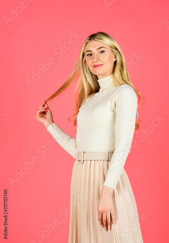 Femininity concept. Attractive blonde. Clothes shop. Clothes store. Female outfit. Female beauty. Fashion collection. Looking trendy. Pretty woman feeling comfy. Fashion and beauty. Fashion model