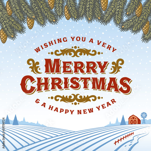 Vintage Merry Christmas Greeting Card. Editable EPS8 vector illustration in retro woodcut style with clipping mask.