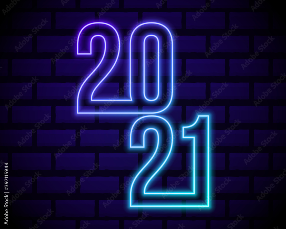 Colorful neon 2021 Happy New Year Neon banner. Realistic bright neon billboard on brick wall. Concept of holiday card with glowing text. 2021 Neon Text. Colorful Light Banner.