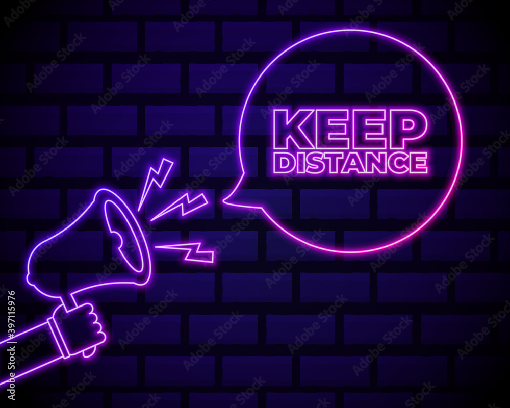 Stop coronavirus neon sign with keep distance icon.neon loudspeaker icon with quote virus caution symbol in neon style. Coronavirus disease prevention sign. Vector illustration. Stop coronavirus neon sign with keep distance icon.neon loudspeaker icon with quote virus caution symbol in neon style. Coronavirus disease prevention sign. Vector illustration.