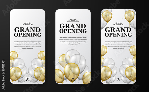 elegant luxury grand opening or reopening event social media stories template for announcement marketing with flying transparent silver and golden balloon with confetti