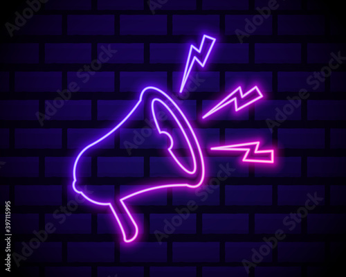 Latest news neon light announcement poster template . Megaphone icon isolated on dark brick wall background