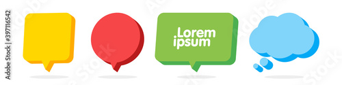 3d Speech Bubble Shapes Set. Vector cloud, square, circle and rectangle chat box banner.