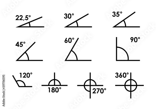 Angle of 180, 45,30,90 degrees vector illustration. The symbol of geometry, mathematics.