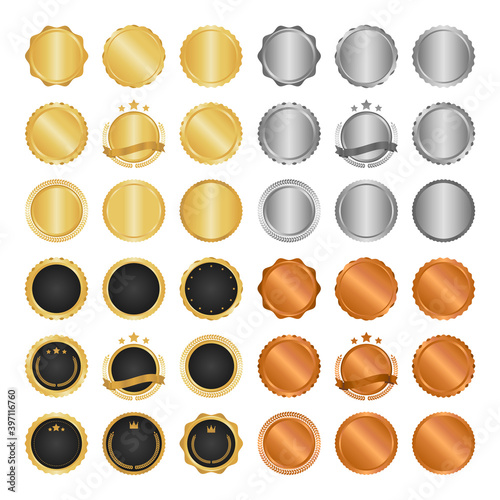 Collection of modern, gold circle metal badges, labels and design elements. Vector illustration