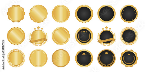 Collection of modern, gold circle metal badges, labels and design elements. Vector illustration