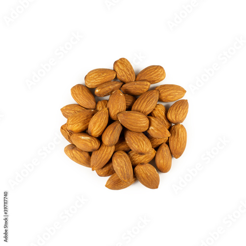 A handful of almonds on a white background
