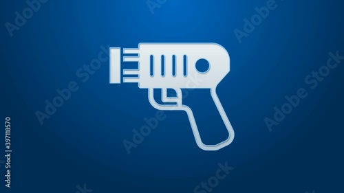 White line Police electric shocker icon isolated on blue background. Shocker for protection. Taser is an electric weapon. 4K Video motion graphic animation. photo