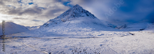 a view of buachaille etive mor and rannoch moor in winter in the argyll region of the highlands of scotland showing snow dusting on the mountains and munros © Andy Morehouse