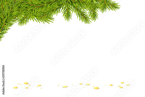 Blanko Weihnachtskarte mit Tannenzweige und goldene Sternchen, 
Vektor Illustration isoliert auf weißem Hintergrund
