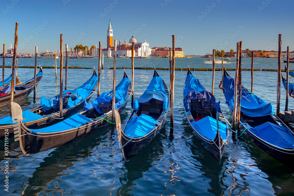 Gondolas and San Giorgio Maggiore Church, Venice, Italy