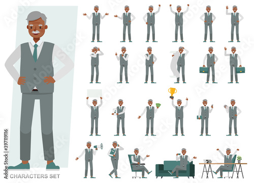 Set of Old businessman character vector design. Presentation in various action with emotions  running  standing and walking. People working in office planning  thinking and economic analysis.