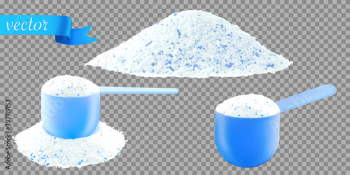 Detergent shirt. Soap white texture with scoop. Liquid powder in cup for washing machine. Laundry wash clothes background. Eco style cleaning concept.