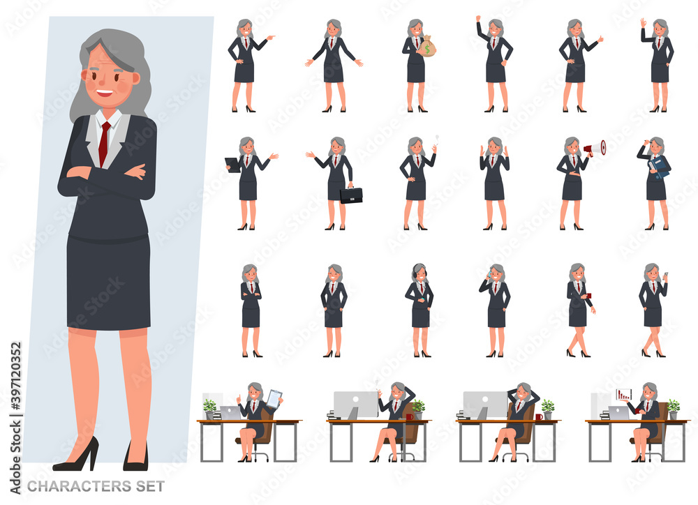 Set of Old businesswoman character vector design. Presentation in various action with emotions, running, standing and walking. People working in office planning, thinking and economic analysis.