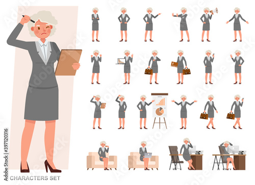 Set of Old businesswoman character vector design. Presentation in various action with emotions, running, standing and walking. People working in office planning, thinking and economic analysis.