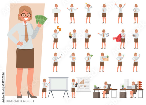 Set of Old businesswoman character vector design. Presentation in various action with emotions, running, standing and walking. People working in office planning, thinking and economic analysis.