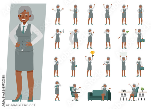 Set of Old businesswoman character vector design. Presentation in various action with emotions, running, standing and walking. People working in office planning, thinking and economic analysis.