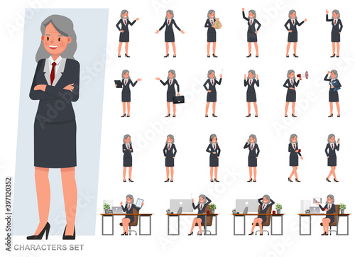 Set of Old businesswoman character vector design. Presentation in various action with emotions, running, standing and walking. People working in office planning, thinking and economic analysis.
