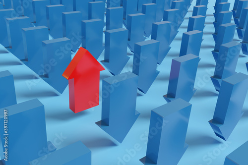 Red arrow pointing up alongside many other blue arrows pointing down. 3d illustration.