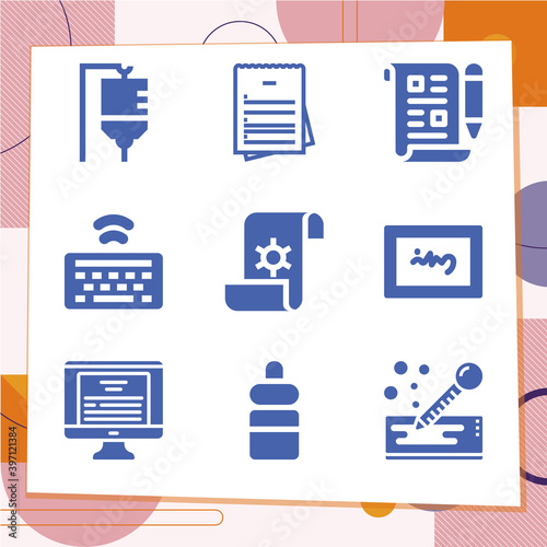 Simple set of 9 icons related to handwriting