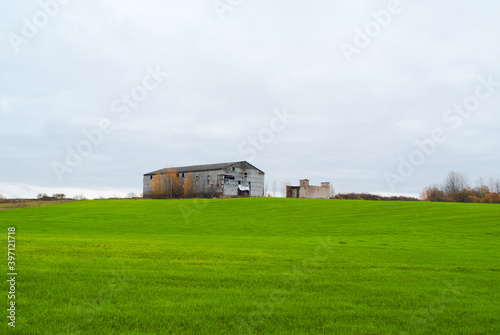 field with green grass. in the background is an Elevator. rural landscape