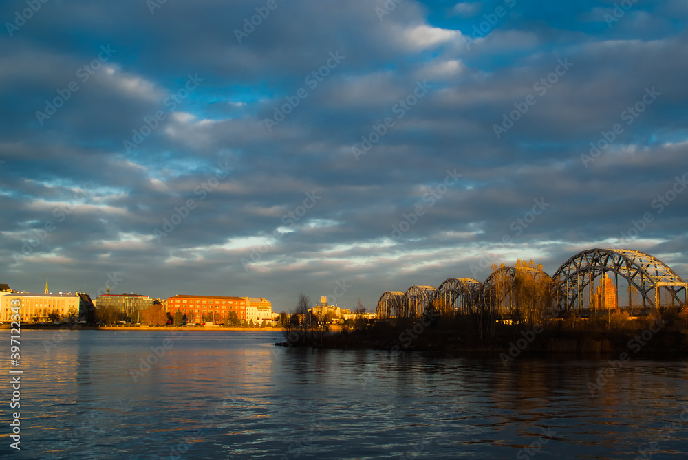 Fototapeta premium railway bridge in Riga. city panorama