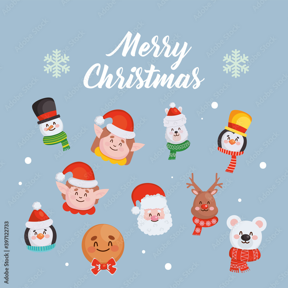 merry christmas cartoons faces set vector design merry christmas cartoons faces set vector design