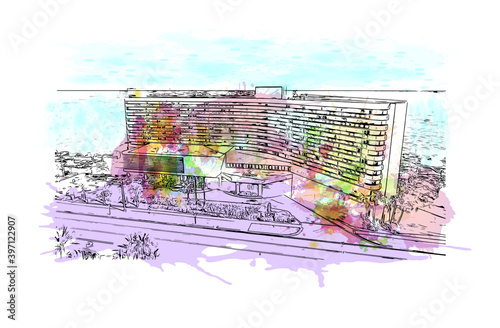 Building view with landmark of Clearwater is a city in Florida. Watercolour splash with hand drawn sketch illustration in vector.