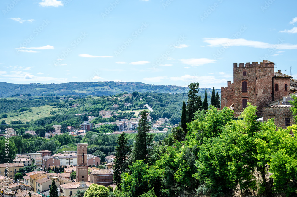 Ancient building or castle on the hill. Beautiful view to Certaldo city, Italy