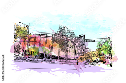 Building view with landmark of Ciudad Valles is the largest city in the Mexican state of San Luis Potosi. Watercolour splash with hand drawn sketch illustration in vector.