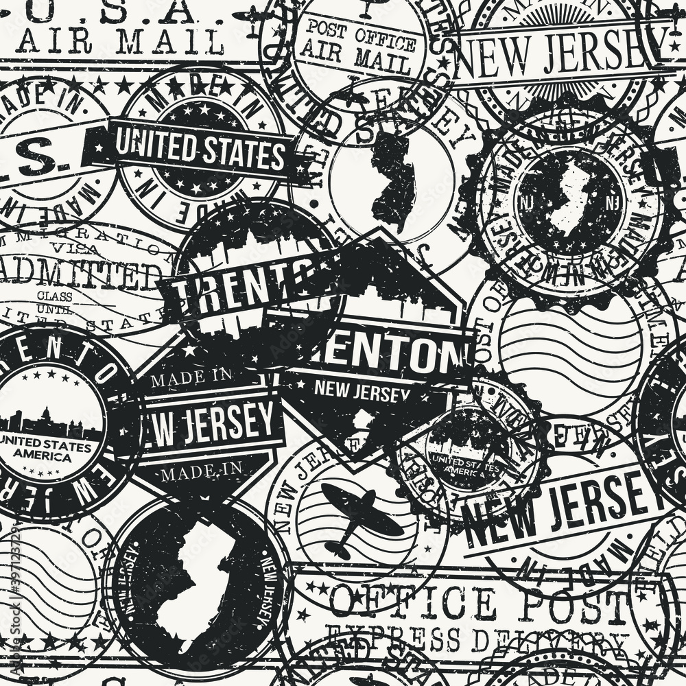 Trenton, NJ, USA Set of Stamps. Travel Passport Stamps Pattern. Made In Product. Design Seals in Old Style Insignia Seamless. Icon Clip Art Vector Collection. Trenton, NJ, USA Set of Stamps. Travel Passport Stamps Pattern. Made In Product. Design Seals in Old Style Insignia Seamless. Icon Clip Art Vector Collection.