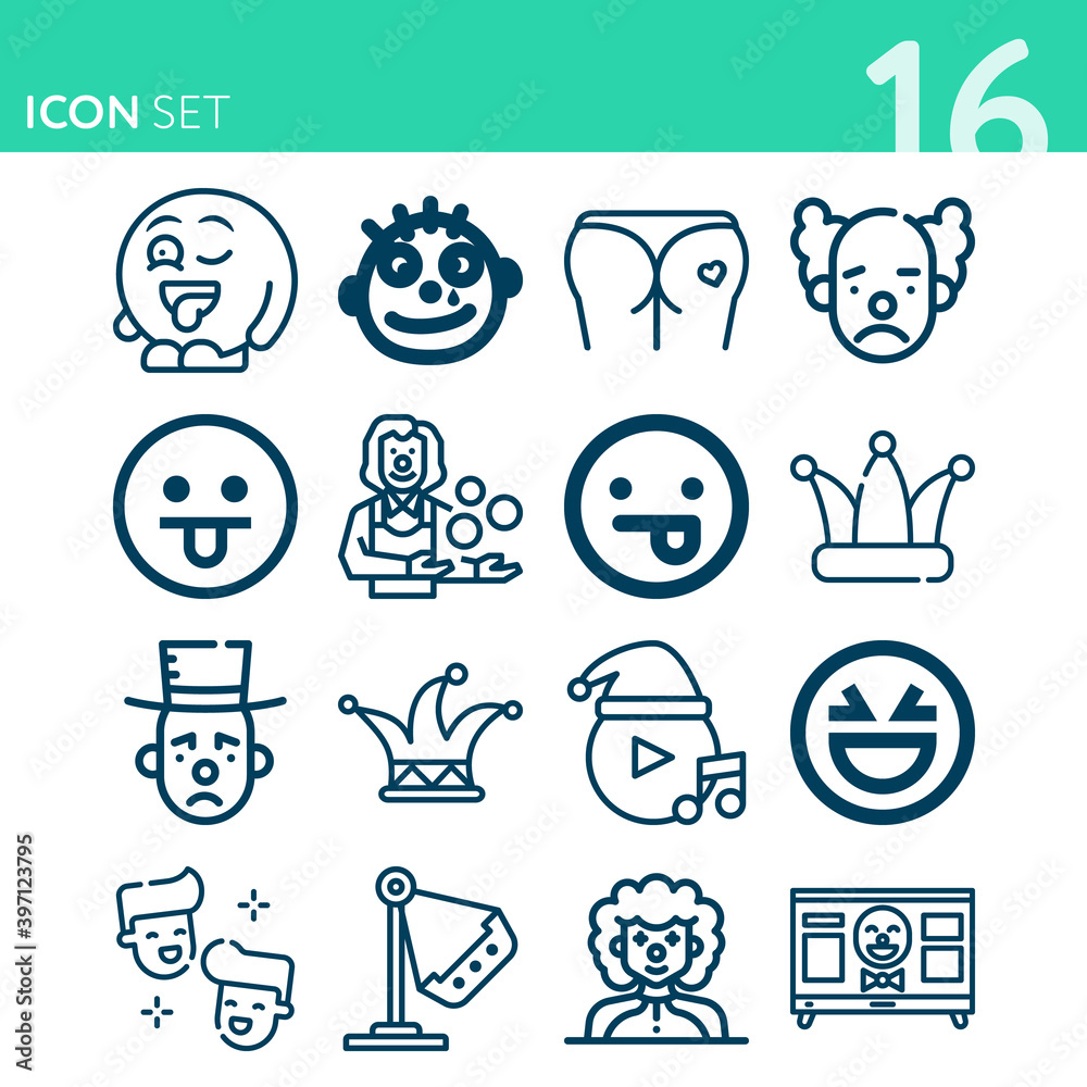 Simple set of 16 icons related to jokes Simple set of 16 icons related to jokes