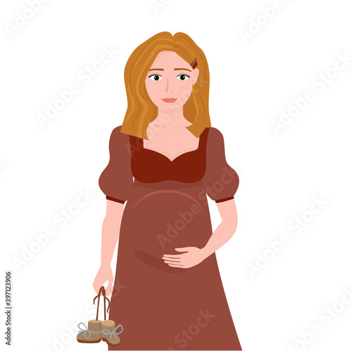 Flat style illustration. Vector. Pregnant girl touching her belly with her hand and holding baby booties in the other hand.