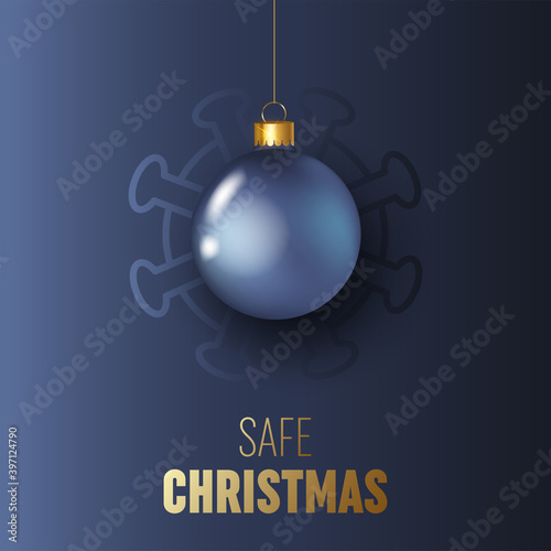 Merry and safe Christmas. Red xmas ball and Quarantine coronavirus danger. Coronavirus Covid-19 and christmas or new year canceled concept. Vector illustration