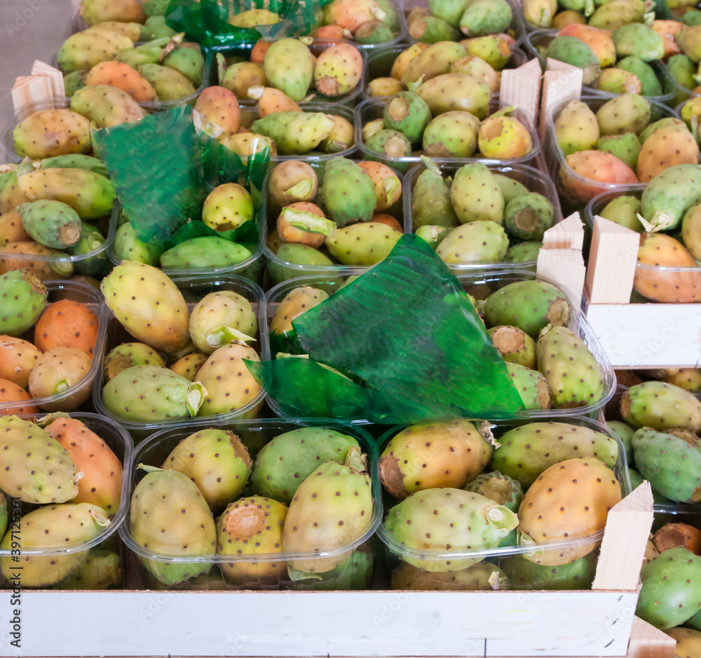 Prickly pears exhibited for sale in boxes during a street market in Sicily