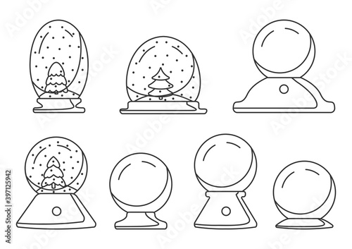 Xmas snow globe with fir-tree, outline icons set. Christmas winter present. Magic gift souvenir ball. Translucent snow sphere traditional symbol New year holiday. Isolated on white vector illustration