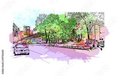 Building view with landmark of Ciudad Valles is a city in the state of San Luis Potosi, Mexico. Watercolour splash with hand drawn sketch illustration in vector.