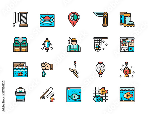 Set of Fishing Flat Color Line Icons. Jackknife, Tackle Box, Aquarium and more.