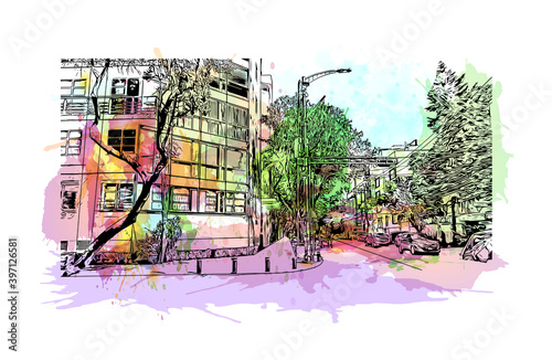 Building view with landmark of Ciudad Valles is a city in the state of San Luis Potosi, Mexico. Watercolour splash with hand drawn sketch illustration in vector.