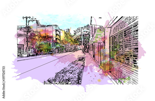 Building view with landmark of Ciudad Valles is a city in the state of San Luis Potosi, Mexico. Watercolour splash with hand drawn sketch illustration in vector.