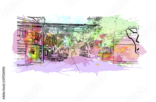 Building view with landmark of Ciudad Valles is a city in the state of San Luis Potosi, Mexico. Watercolour splash with hand drawn sketch illustration in vector.