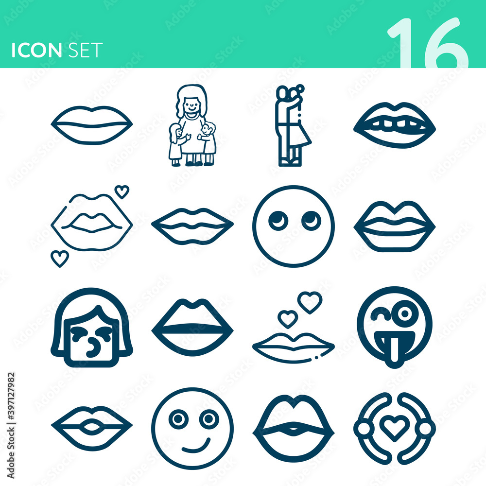 Simple set of 16 icons related to kisses Simple set of 16 icons related to kisses