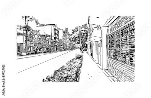 Building view with landmark of Ciudad Valles is a city in the state of San Luis Potosi, Mexico. Hand drawn sketch illustration in vector.